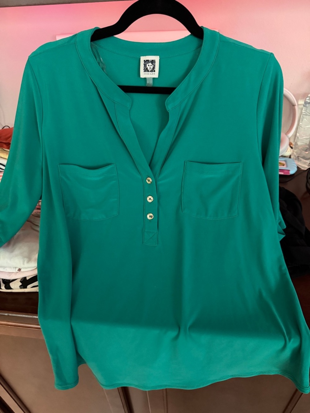 Anne Klein Teal Split-Neck Twin-Pocket Tunic